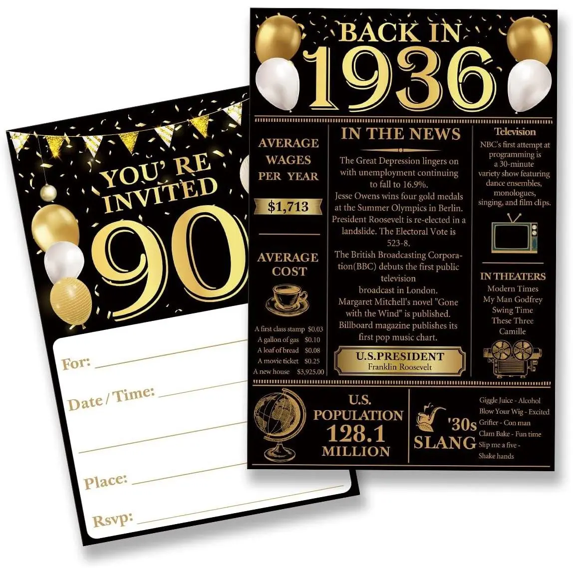 90th Birthday Party Invitations for Women Men - Back in 1936 90 Year Old Birthday Anniversary Invitation Set with 20 Invites and Envelopes
