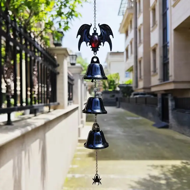 Gothic Bat Wing Wind Chime with Ruby and Sapphire, Metal Bell with Spider Charm, Halloween Home Garden Decor, Creepy Gift