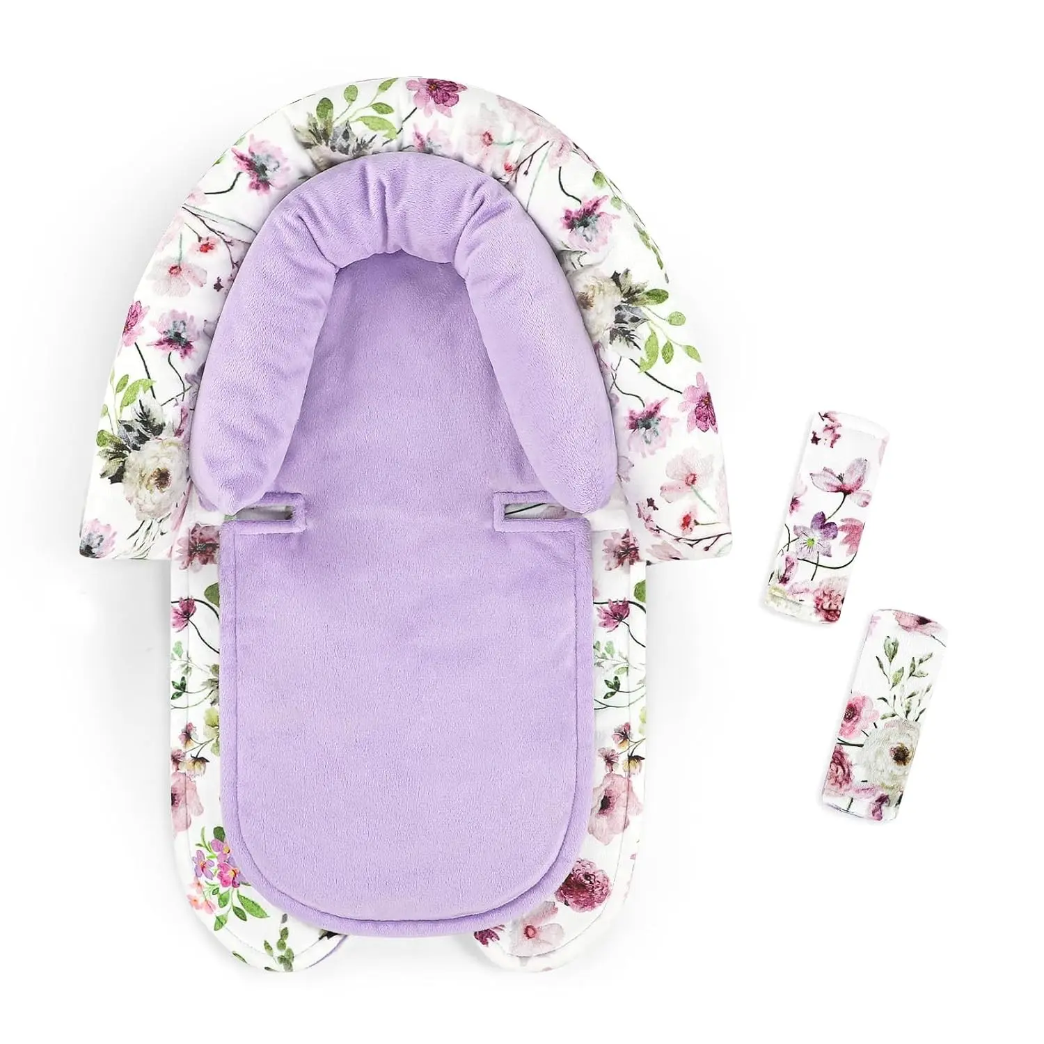 Baby Car Seat Head Support for Newborn, 2 in 1 Head and Body Support with Strap Pads, Soft Stroller Cushion Pillow Insert for Girls and Boys, Fits Stroller and Swing, Purple FloralGift