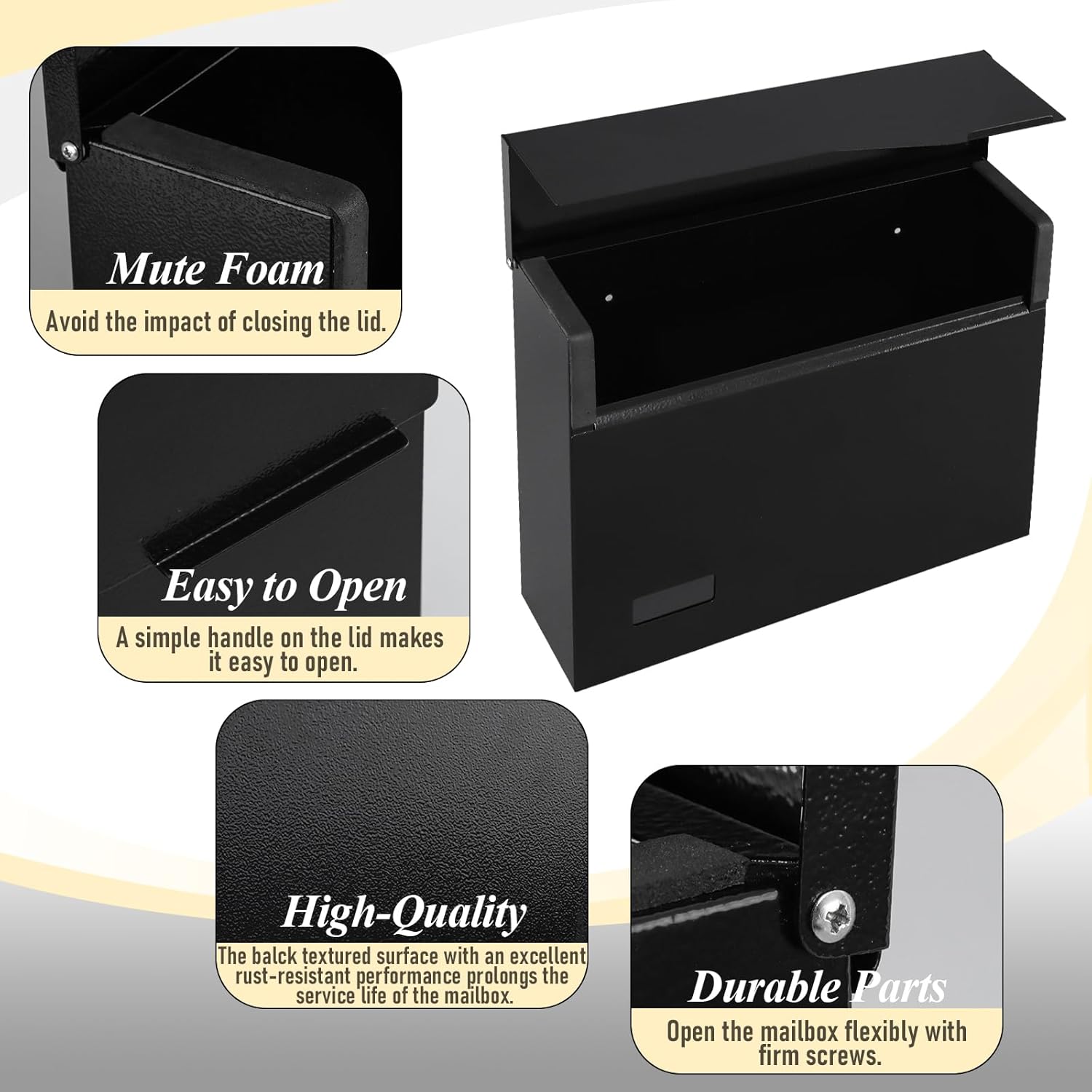 Mailbox Wall Mount Mailboxes for outside, Large Capacity Steel Hanging Metal Mailbox, Modern  Box, Black,14.6''x12.2''x4.1''