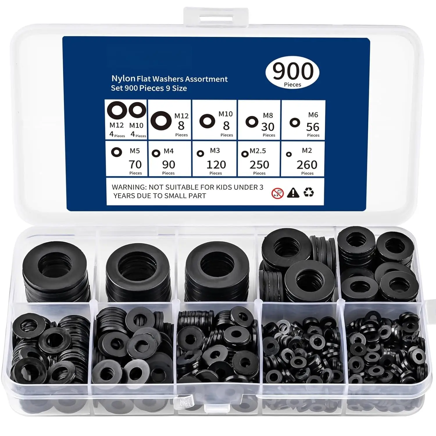 900- Nylon Flat Washer  Kit Black Plastic Flat Washers for  and Screws (M2-M12),  Screw Washers Washer Set for Household & Industrial Use