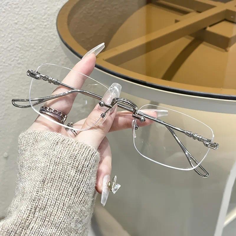 Elegant Women's Rimless Rectangle Glasses with Blue Light Blocking Metal Frame Glasses