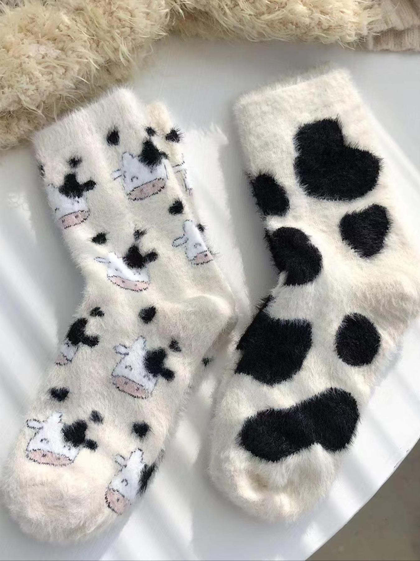 Women's Cow Print Fuzzy Mid Calf Socks, Cute Warm Crew Socks for Daily Wear, Casual Comfy Hosiery for Fall & Winter, Trendy Matching Jacquard Knitting Socks