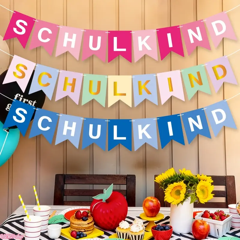 3PCS-Back to School Banner Garland Decor, Schulkind First Day of School Hanging Flag, Reusable Classroom Party Decoration, Vibrant Photo Prop Accessory for Kindergarten Classroom Layout, Student Welcome Parties and New Semester Home Decor