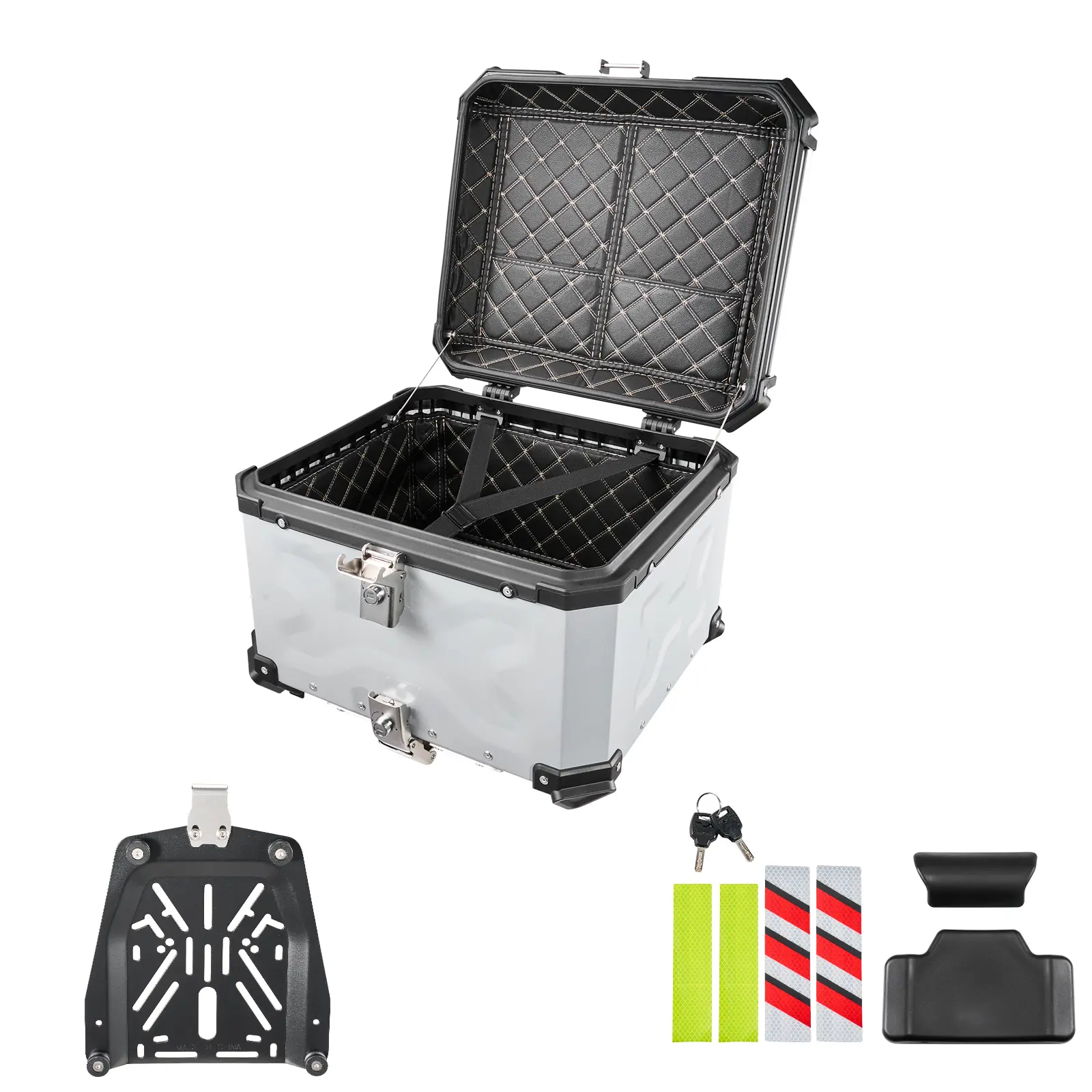 Motorcycle Top Case 55L Universal Aluminum Hard Motorcycle Tail Case, Waterproof Detachable Motorbike Top Box with Security Lock & Leather Liner for Luggage Storage