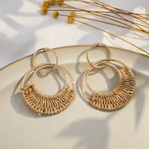 Vintage Geometric Round Hollow Earrings Bohemian Resort Style Handmade Raffia Drop Earrings Women's Hoop Earrings
