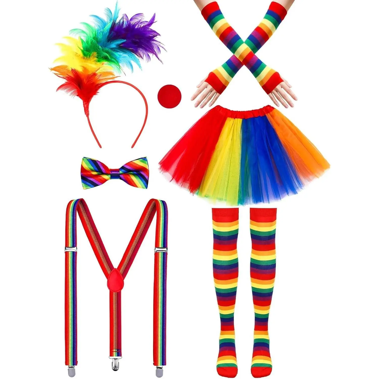 7Pcs Women's Clown Costume Set Circus Outfit with Feather Headband, Rainbow Tutu Skirt, Gloves, Socks, Adjustable Y-Back Suspender, Bowtie & Nose for Halloween Carnival Cosplay(Gift)