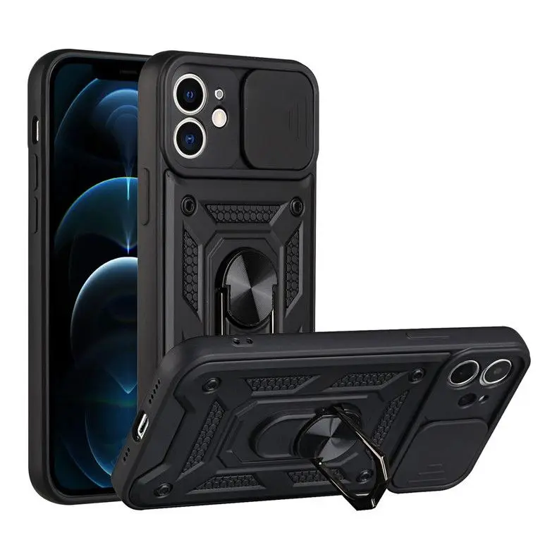 Rugged Armor Phone Case for iPhone 17/16/15/14/13/12/11 Pro Max Plus Air, with Slide Camera Cover, 360 °   Rotatable Aluminum Ring Kickstand Magnetic Compatible Cover