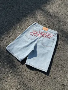 American Street Style Star Embroidered Jeans Shorts, Unisex Oversize Wide Leg Five-Quarter Pants, Loose-Fitting Streetwear