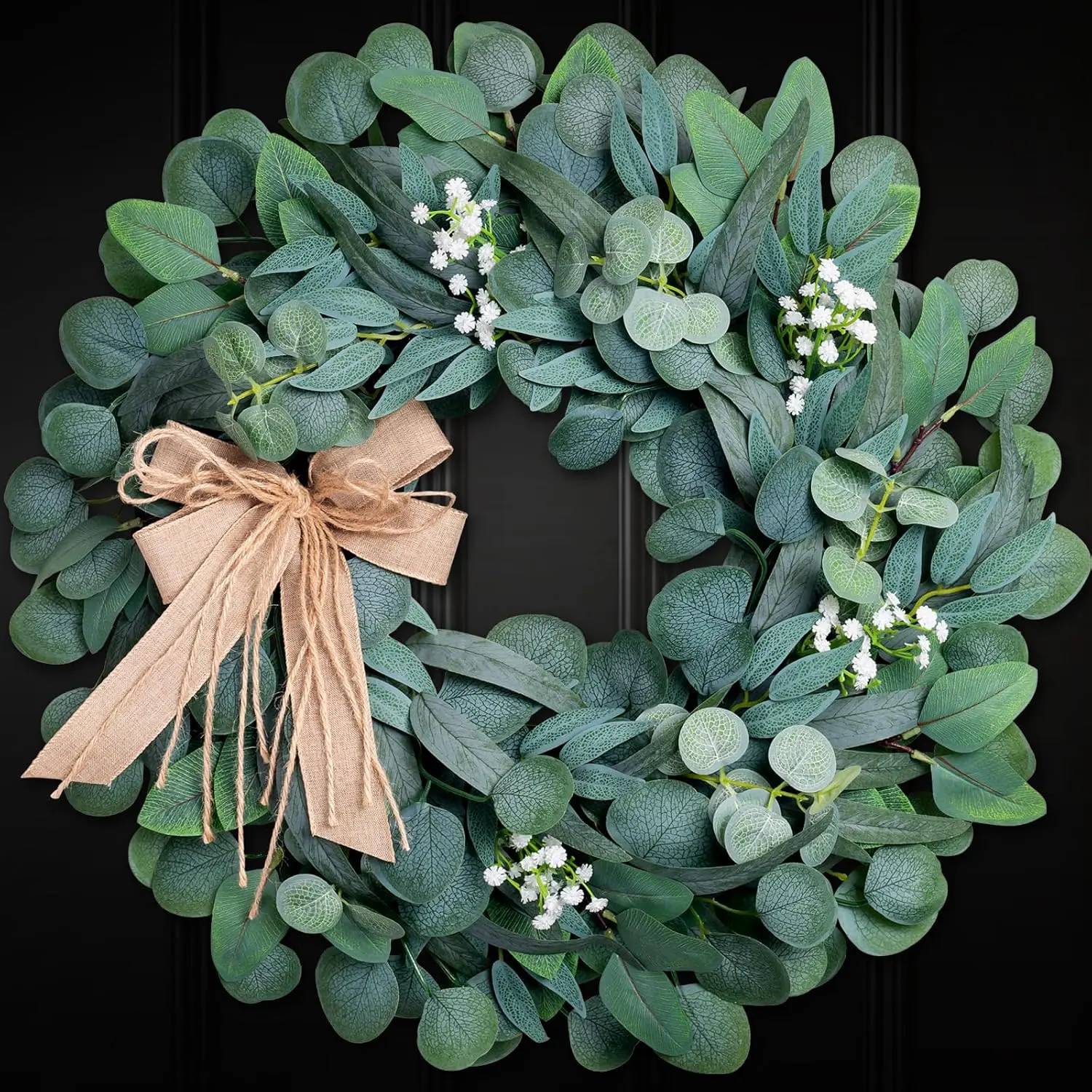 20 Inch Eucalyptus Wreath for Front Door All Season, Spring Summer Silk Greenery Wreath with Burlap Bow, Modern Farmhouse Everyday Home Decor for Wall Window Porch