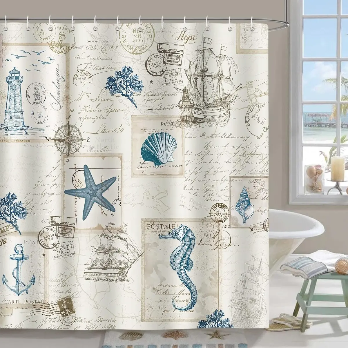 Vintage Nautical Coastal Shower Curtain, Retro Ocean Lighthouse Seahorse Seashell Decorative Bath Curtain for Home Bathroom