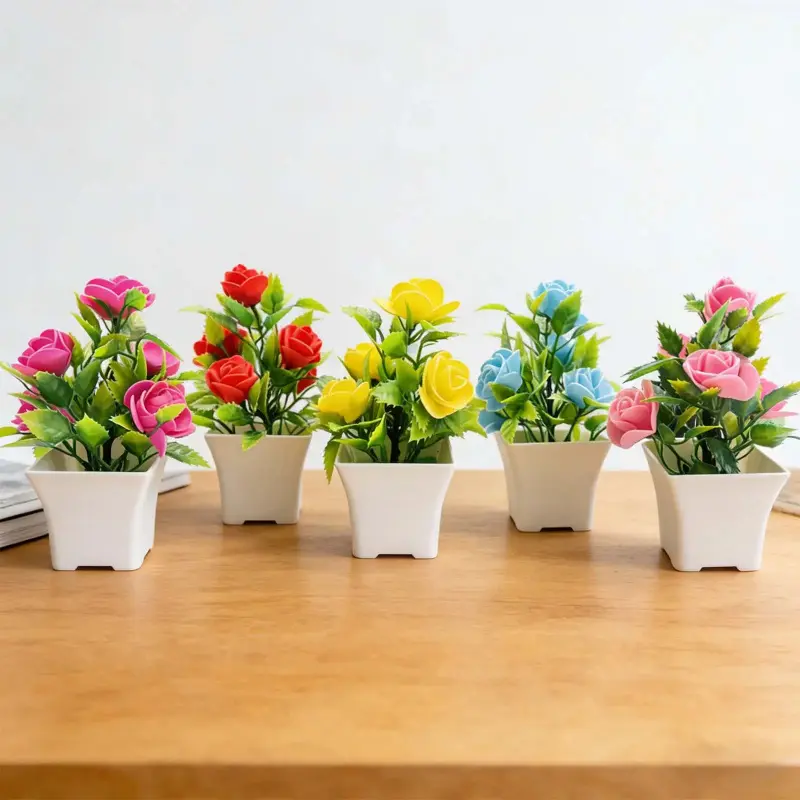 5 Pack Small Fake Plants Mini Artificial Faux Plants with Rose Flowers Artificial Potted Plant for Home Room Farmhouse Bathroom Decor Faux Floral Decor Indoor Artificial Flower Decorations