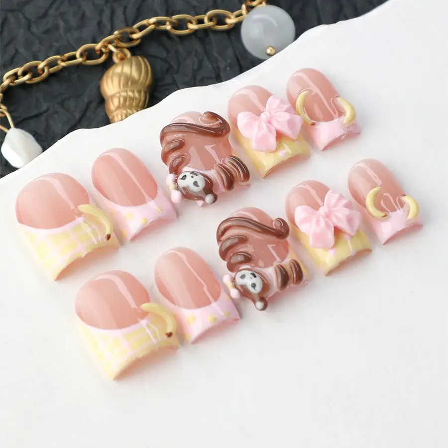 10pcs Handmade Press-On Nails, Acrylic Gel Nail Tips, False Nail Tips, 3D Cartoon Design, Reusable, Includes Manicure Kit, Perfect for Parties and Daily Use