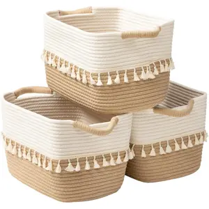 Woven Storage Bin Set of 3, Cotton Rope Basket for Storage, Clothes Boho Basket Bin for Organizing, Fabric Basket for Books, Plants, Pet Treats, White & Jute