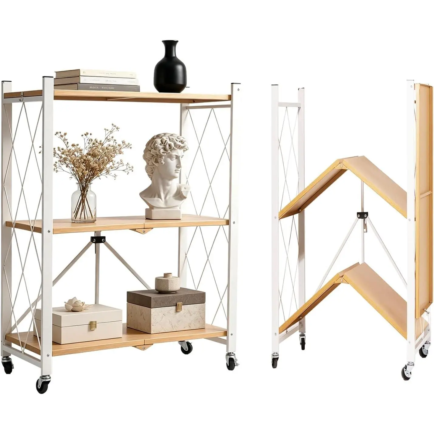 3-Tier Folding Storage Shelves with Wheels – No Assembly, Heavy Duty Collapsible Rolling Shelf Unit for Kitchen, Bedroom, Living Room