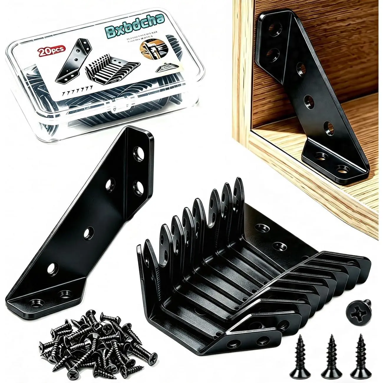 20PCS Corner for Wood - Black Stainless Corner Brackets, L Brackets for Wood, Furniture Corner Connector, Bracket for Shelves, Cabinet,Chair, Table, Drawer
