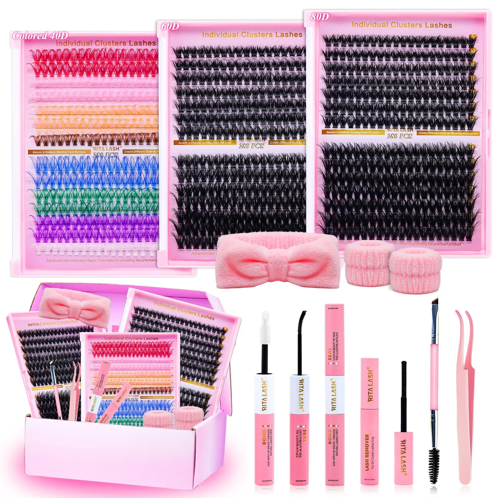 RITALASH 840Pcs Lash Clusters Kit Bulk Packs Cosmetic False Eyelash Extensions D Curl Wispy Individual Eyelashes, Beauty Eyelash Clusters, Volume Studio Effect, Large Pack with Bond&Seal|Tweezers|Remover|Brush|Washset