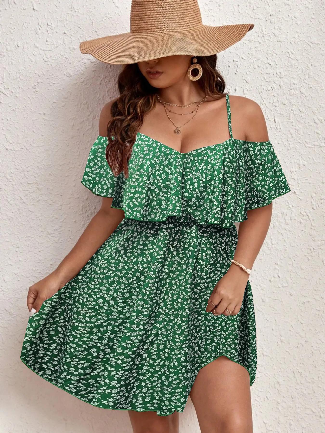 Plus Size Ditsy Floral Print Cold Shoulder Ruffle Trim A Line Dress, Boho Romantic Short Dress for Beach Vacation Holiday, Summer Outfits 2024, Dresses for Women, Women's Clothes for Summer