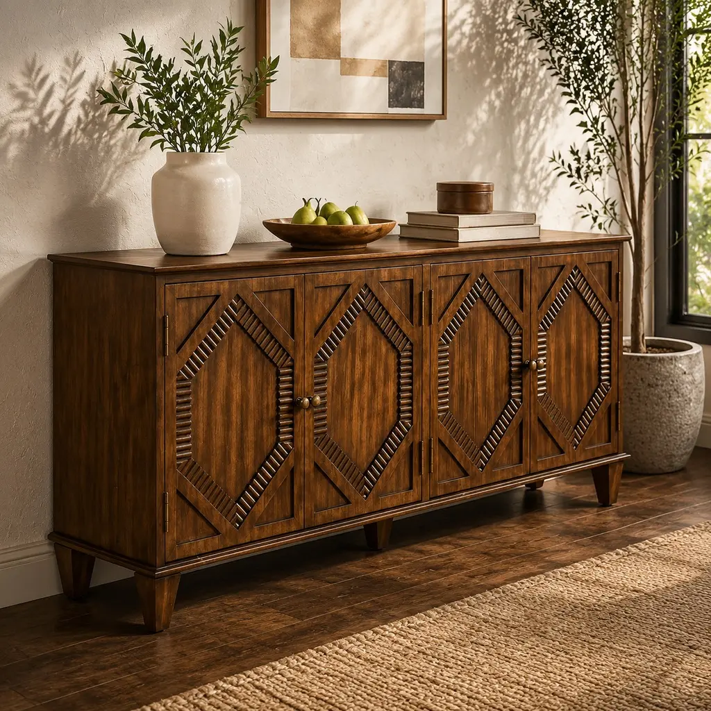 65.2" Walnut Wood Mid-Century Modern Sideboard Buffet - 87.78 lbs Farmhouse Storage Cabinet with Adjustable Shelf, Symmetrical Geometric Accent, 65.16" L x 15.75" W x 30.12" H, Assembly Required, Easy to Clean TV Console for Kitchen, Living Room