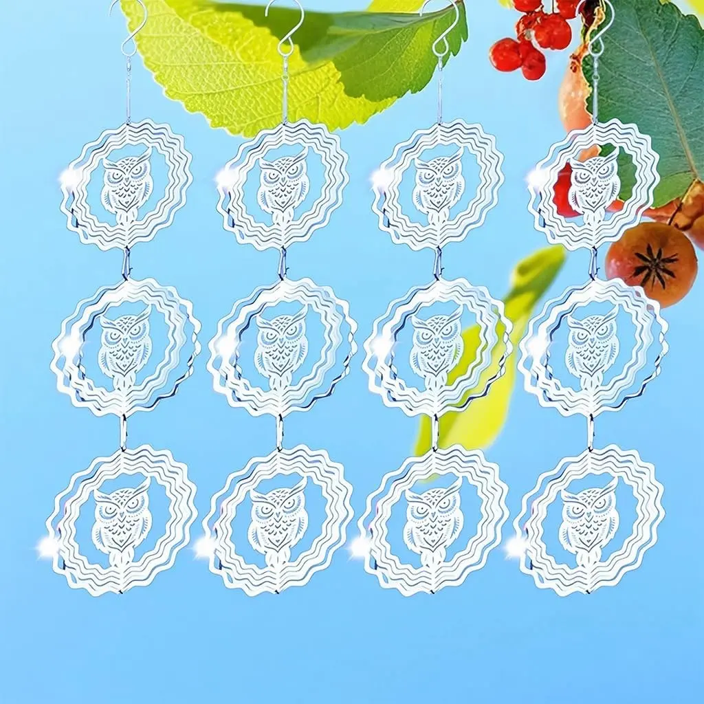 Stainless Steel Owl Wind Chime, 3D Rotating Wave Edge Design, High Reflective Metal, Garden Tree Decoration, Bird Repellent Ornament