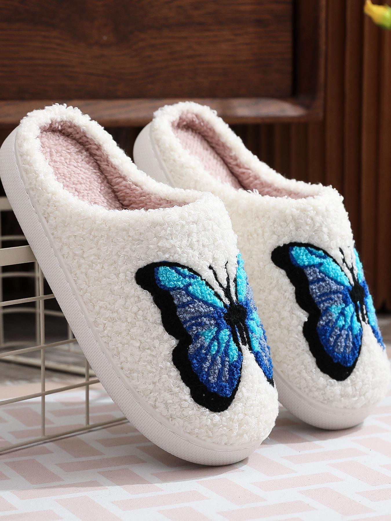 Women's Butterfly Print Plush Slide Slippers, Butterfly Decorated Slides, Butterfly Pattern, Soft Comfy Home Slippers for Summer, Fluffy Bedroom Slippers for Indoor and Outdoor, Footwear