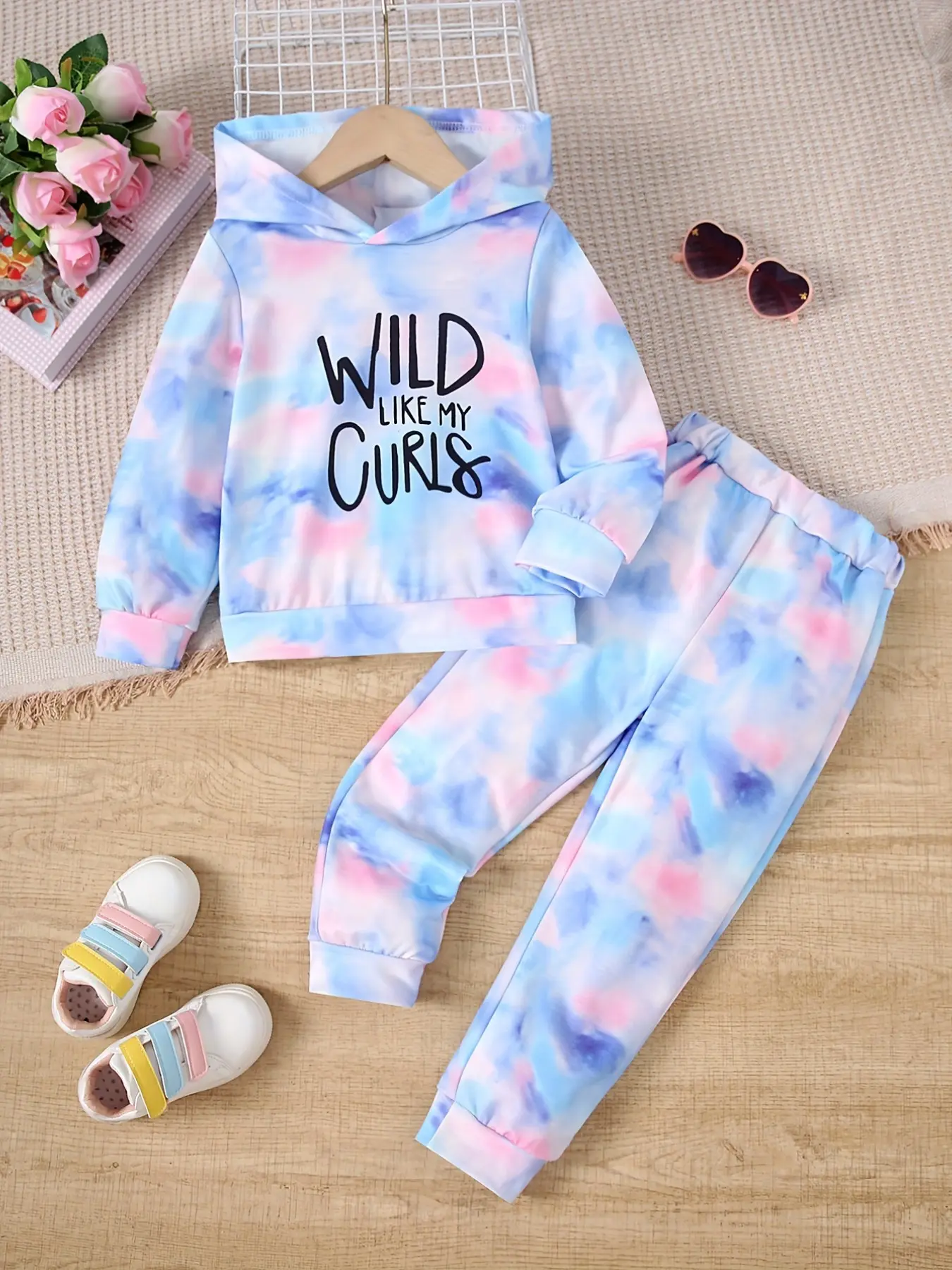 Girls' Trendy Hooded Sweatshirt and Long Pants Set, Cool Tie-Dye Print Design, Perfect for Home and Commute, Casual Spring & Fall Wear
