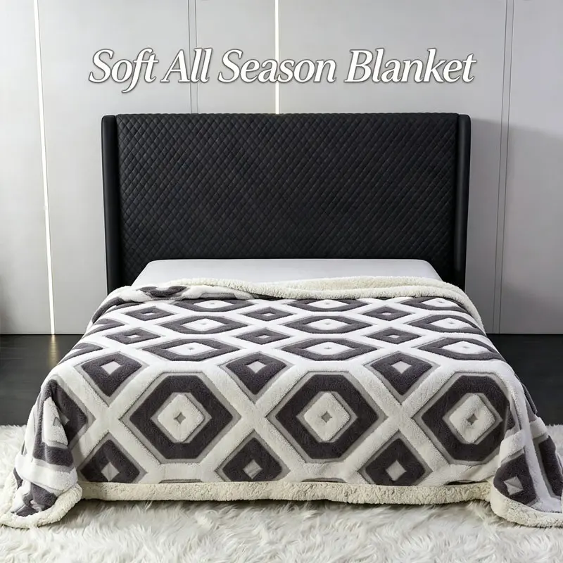 Geometric Plaid Textured Fuzzy Blanket, Breathable and Comfortable, King/queen Size, Multiple Colors Available
