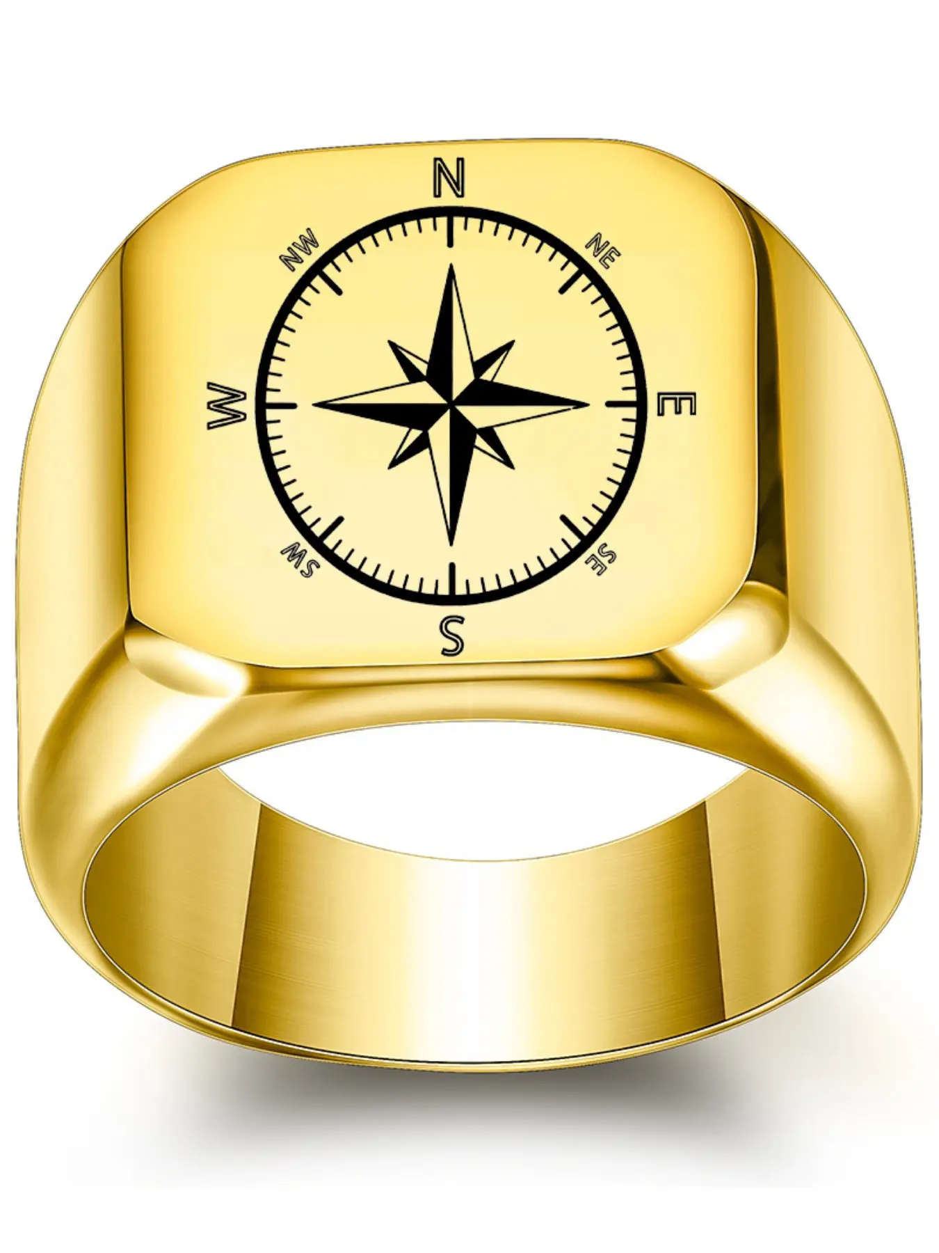 18mm Square Smooth Ring, Laser Engraved Compass Pattern, Vintage Style Finger Ring, Unique Jewelry Design, Perfect Gift Idea