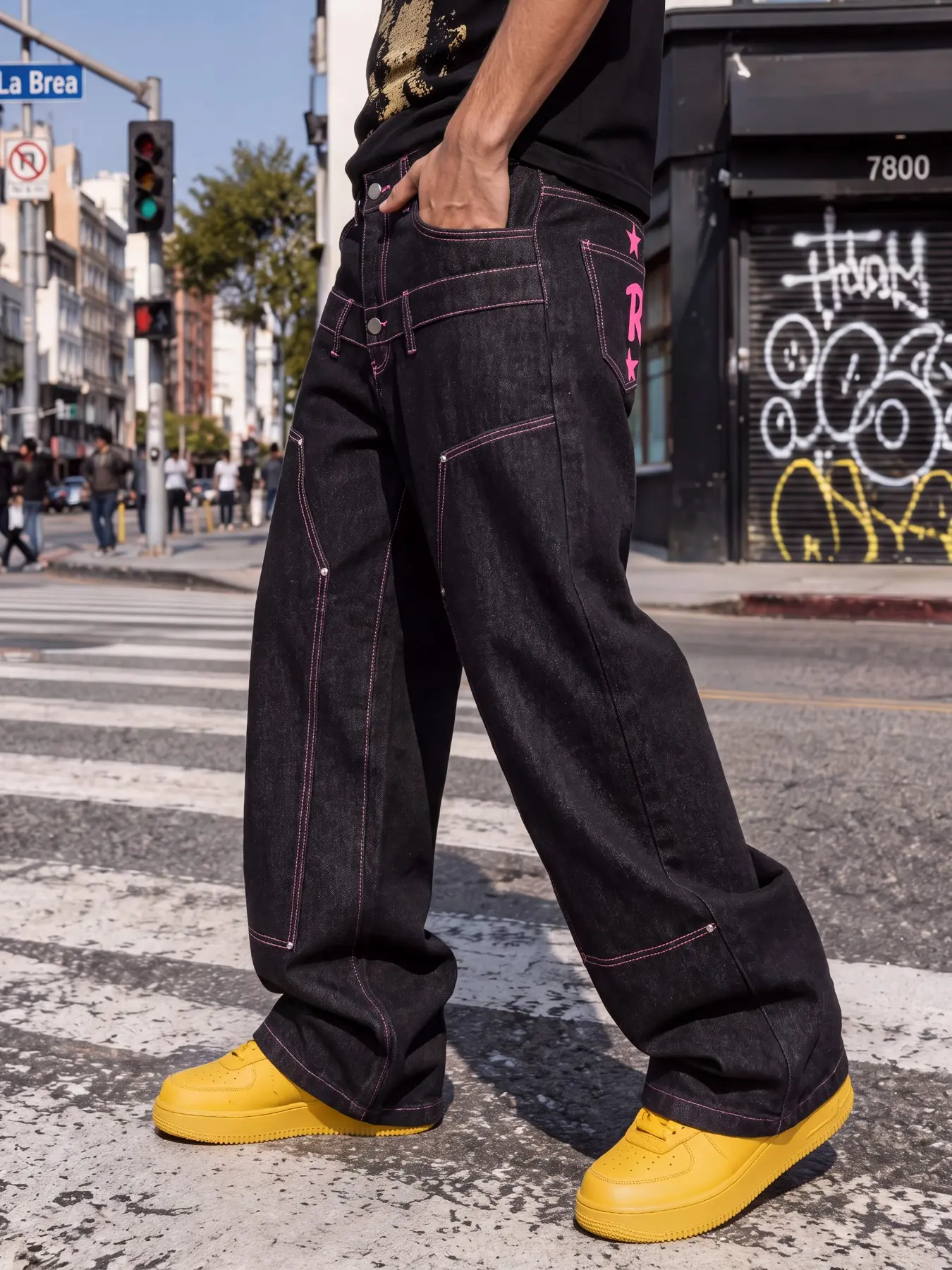 Men's double waistband straight-leg denim pants, featuring pink star and letter print design, suitable for weekend outings and parties