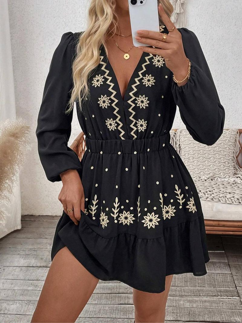 Women's Embroidered Deep V Neck Long Sleeve Dress, Full Floral Craftsmanship, Perfect Choice for Spring Summer Fall
