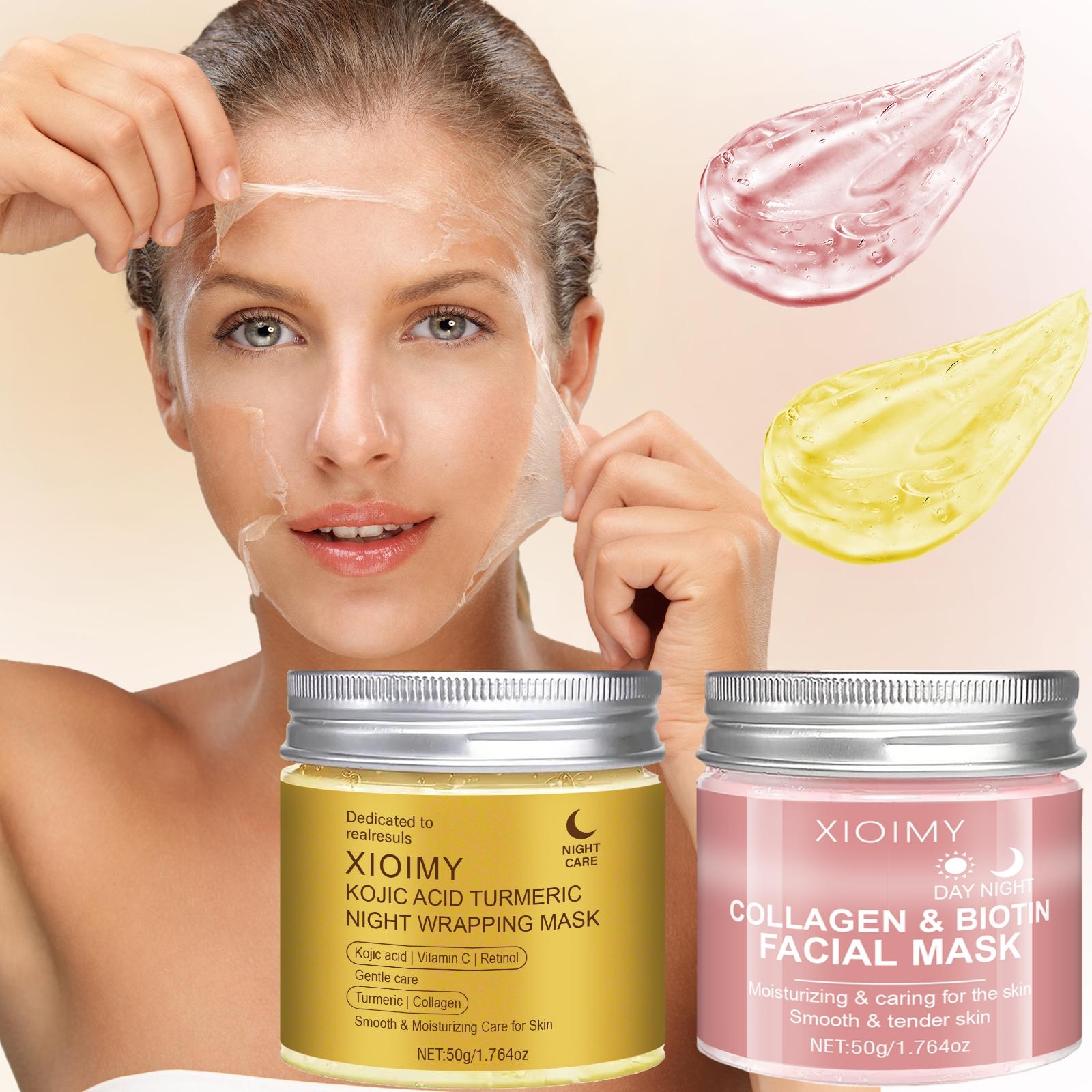 2pcs Collagen Face Mask Biotin Kojic Turmeric Night Day Mask Set, Rich in Collagen Essence, Hydrating & Smooth Skin, Adds Vitality & Glow, Moisturizing Beauty Mask, Gel Mask, Facial Mask, Collagen Masks