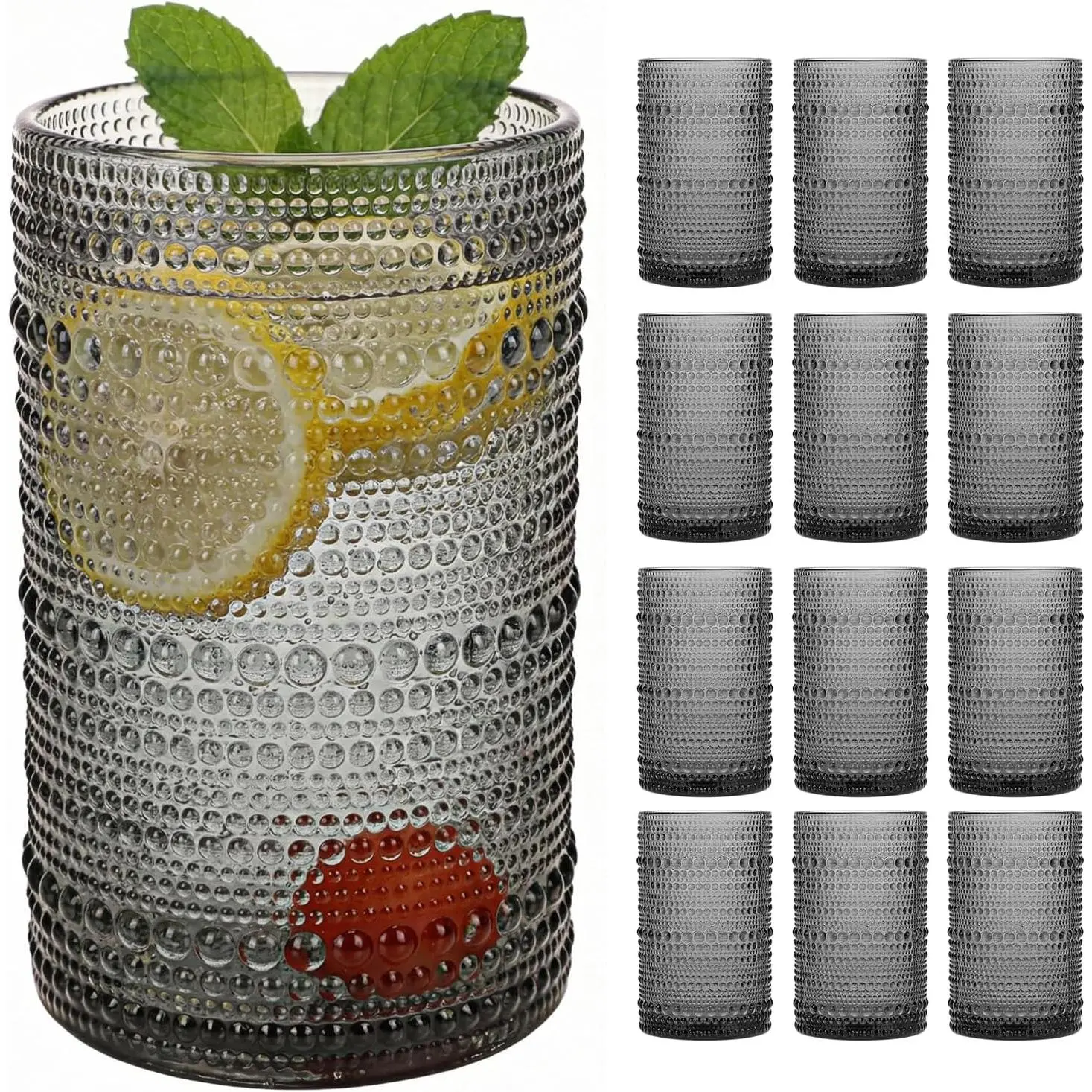 Drinking Glasses Set of 12,12 Oz Highball Glasses Embossed Boho Water Glass Cups Kitchen Bar Tumbler Glassware Set for Whiskey, Beer, Juice, Milk and Various Mixed Drinks (Gray)