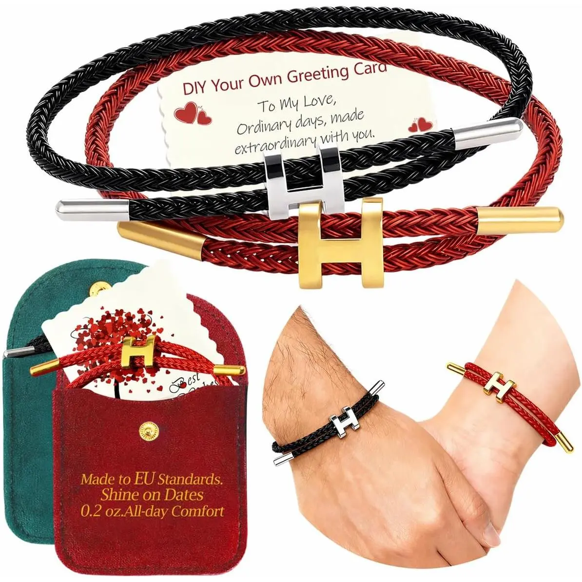 Matching Bracelets Set for Couples: Adjustable Non-tarnish Black and Red Couple Bracelets for Him Her - Includes DIY Card &  Pouch - Romantic Relationship Gifts for Boyfriend Girlfriend