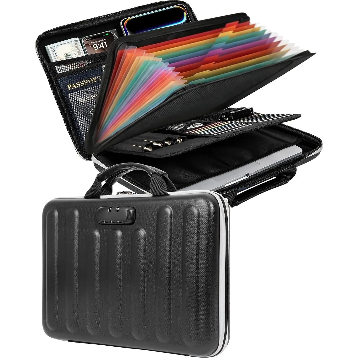 Fireproof Document Box, Hard Case Document Organizer with Lock, 13 Pockets Accordion File Folder with Reflective Strip, Waterproof Safe Box for Important Documents & Valuables Storage, Black