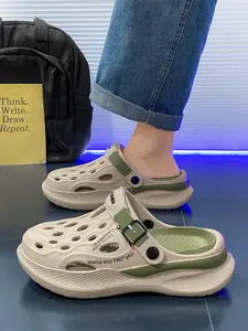 Men's Buckle Thick Sole Holey Shoes, Trendy Street Style Breathable Eva Sandals, Versatile Daily Beach Outdoor Footwear, Eva Slippers