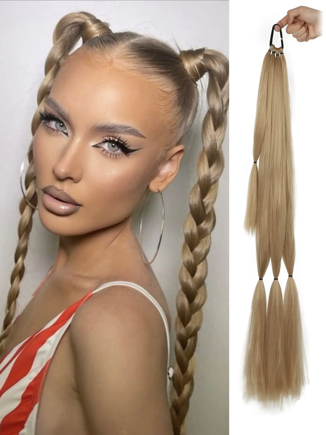 Long brown braided ponytail hair extension; available in 26/30/34-inch lengths; features a wrap-around attachment; made of heat-resistant synthetic fiber; suitable for daily wear, weddings, parties, and festivals; Braids Ponytail Extension