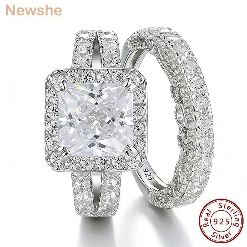Newshe 2Pcs Solid 925 Sterling Silver Wedding Rings for Women Bride 8*8mm 3CT Princess Cut 5A Cubic Zircon Fine Jewelry