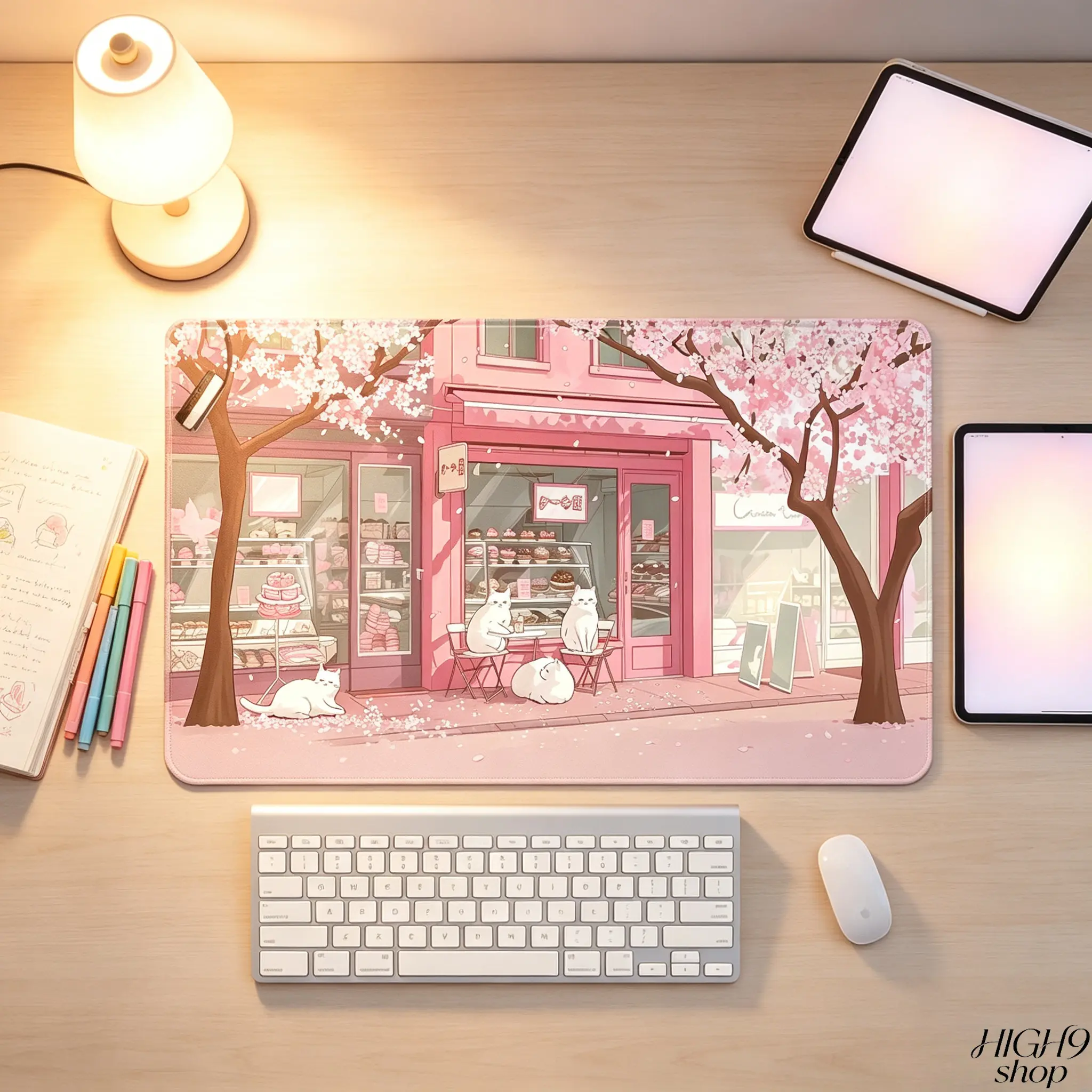 Kawaii Pink Cherry Blossom Cat Cafe Large Extended Mouse Pad, Non Slip Rubber Base Desk Mat, Cute Anime Street Scenery Gaming Keyboard Pad, Waterproof Soft Desktop Protector for Office Study Gaming Decor