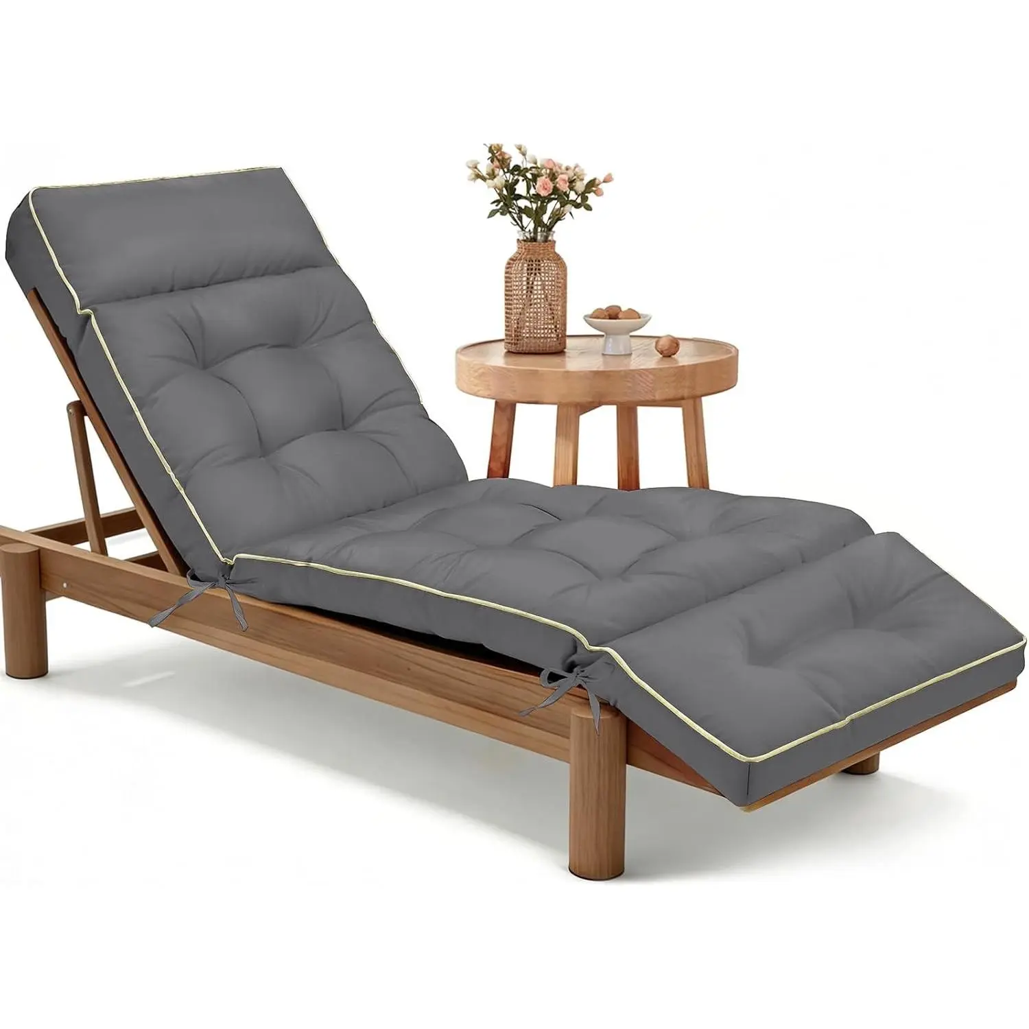 Rectangular Outdoor Memory Foam Chaise Lounge Cushion, 74x22x4" Replacement for Patio Pool Furniture with Ties (Gray)