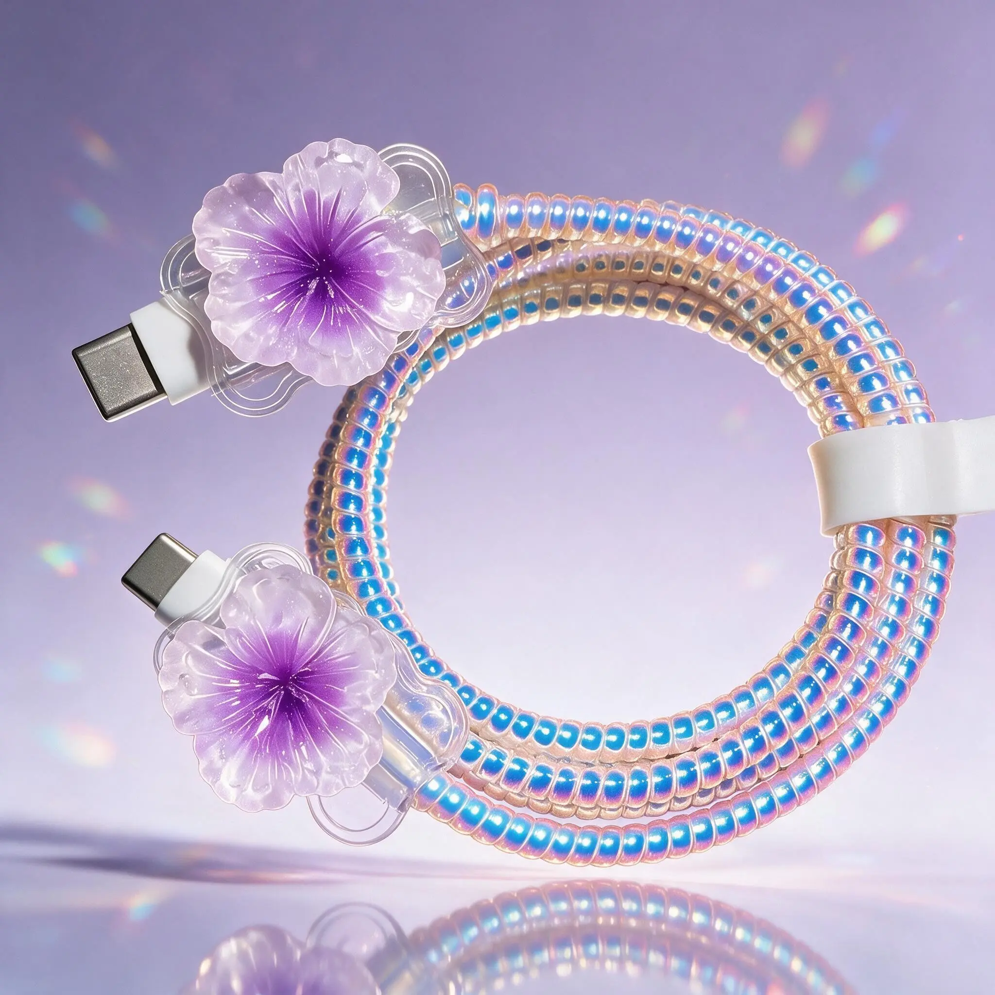 4-Pack Floral Charging Cable Protectors, Anti-Break & Anti-Tangle, Compatible with iPhone/Type-C, Cute Decorative Accessories
