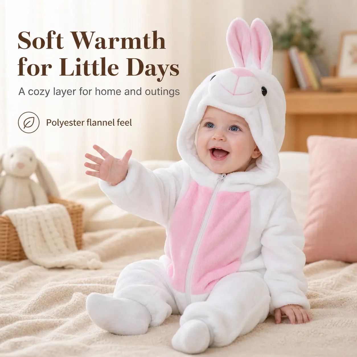 Baby White Bunny Animal Onesie Romper Flannel Hooded Jumpsuit Toddler Cartoon Costume Long Sleeve Warm Crawling Outfit Halloween Cosplay Baby Photoshoot Sleepwear