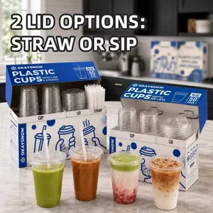 [2 Lid Options] Plastic Cups, Disposable Plastic Leak-Proof Drink Cups, Straw or Zip Style, Easy-Grab PET Cups in Storage Box for Home Coffee Bar