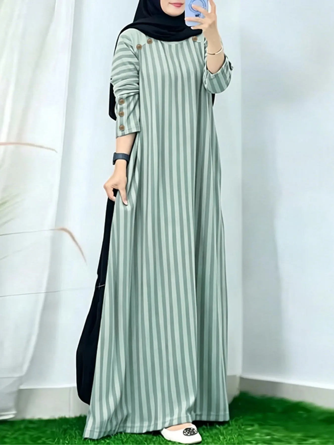 Women's Striped H-Type Loose-Fit Round Neck Long Dress with Buttons, Casual Long Sleeve Dress for Spring & Fall, Unlined Fashion, Casual Muslim Clothing, Muslim Kaftan Dress