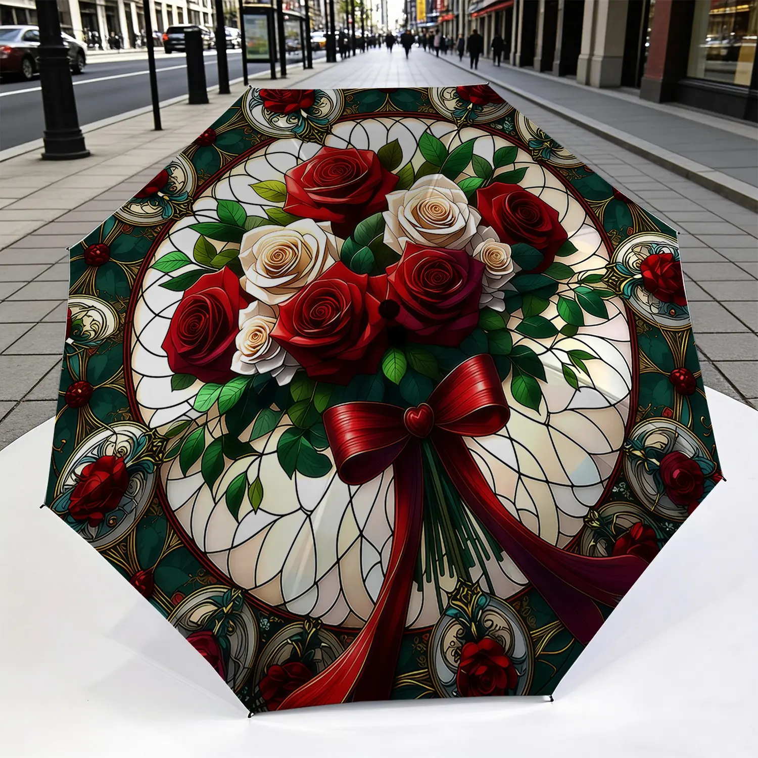 Floral Theme Folding Umbrella, Reinforced Canopy Upgrade, Roses Design, Perfect for Outdoor Activities, Ideal Gift for Holidays