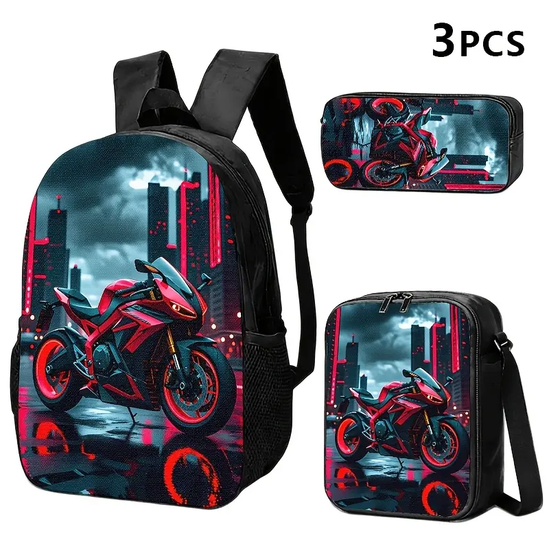 This 3-piece set, including a backpack, lunch bag, and pencil case, features a cyberpunk urban motorcycle pattern with red/black neon sports cars gleaming against a wet, post-rain cityscape; perfect for young people for daily commutes, travel, or gear org