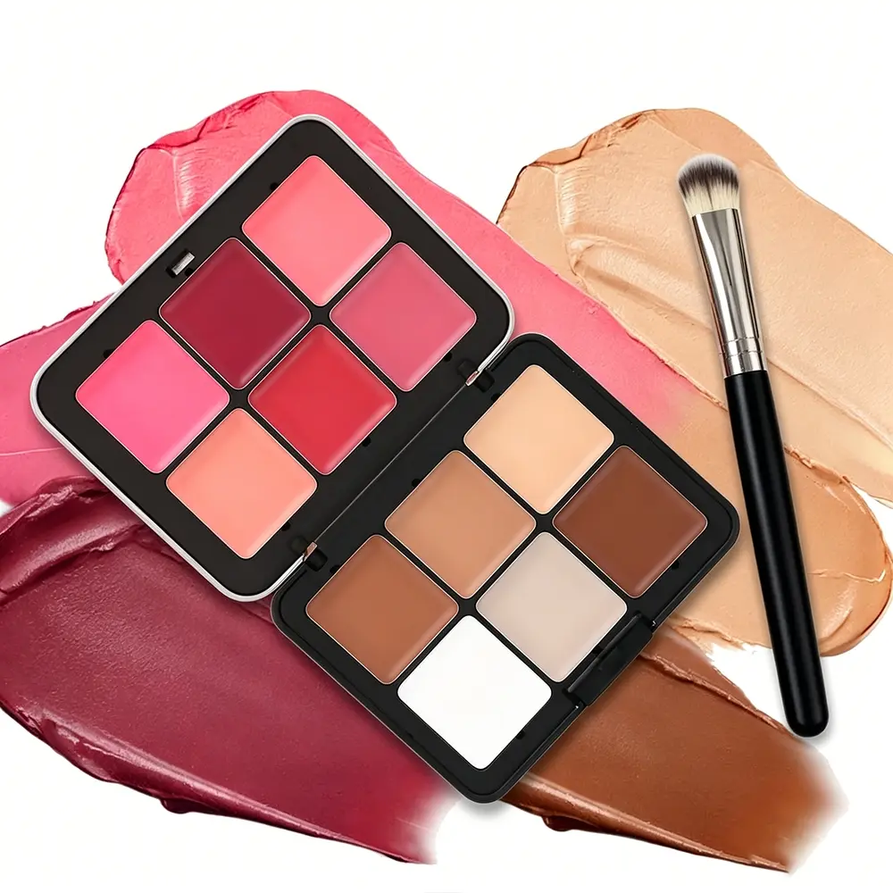 12In1 Cream Makeup Palette, Glow Set, Glamour Set, 6 Cream Blush + 6 Concealer Contour Highlighter With Brush, Creamy Non-cakey, All-in-one Brightening & Contouring Blush Balm for Daily & Glam Makeup, Beginner Friendly