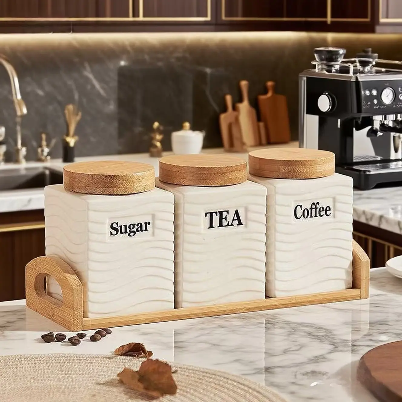 Three-Piece Square Ceramic Sealed Jar Set, Luxury Kitchen Coffee Storage, Preserving Containers, High-Aesthetic Jewelry Box, Perfect for Holidays and Parties