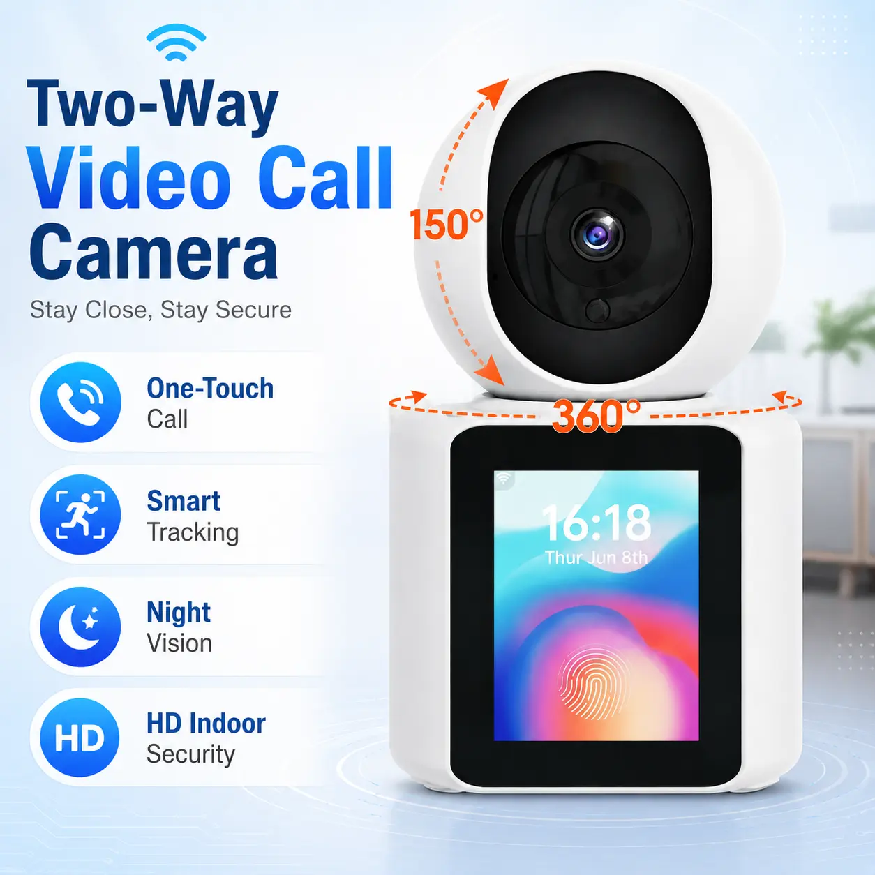 Two-Way Video Calling WiFi Security Camera with One-Touch Call Button, Smart Auto Tracking, Remote Monitoring, Voice Intercom, Night Vision and HD Indoor Surveillance for Home, Kids, Pets and Family Care
