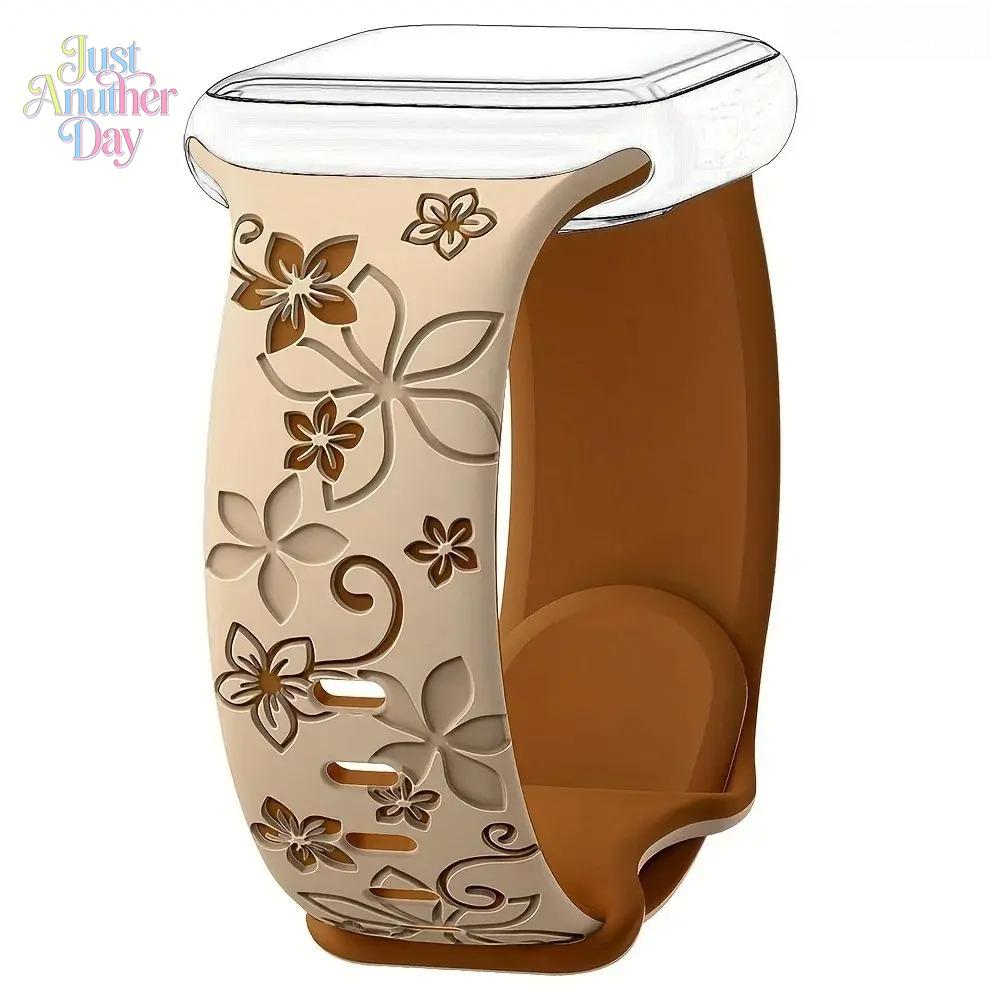 Floral Engraved Silicone Apple Watch Band – Cute Sport Strap (38–49mm, Series & Ultra)