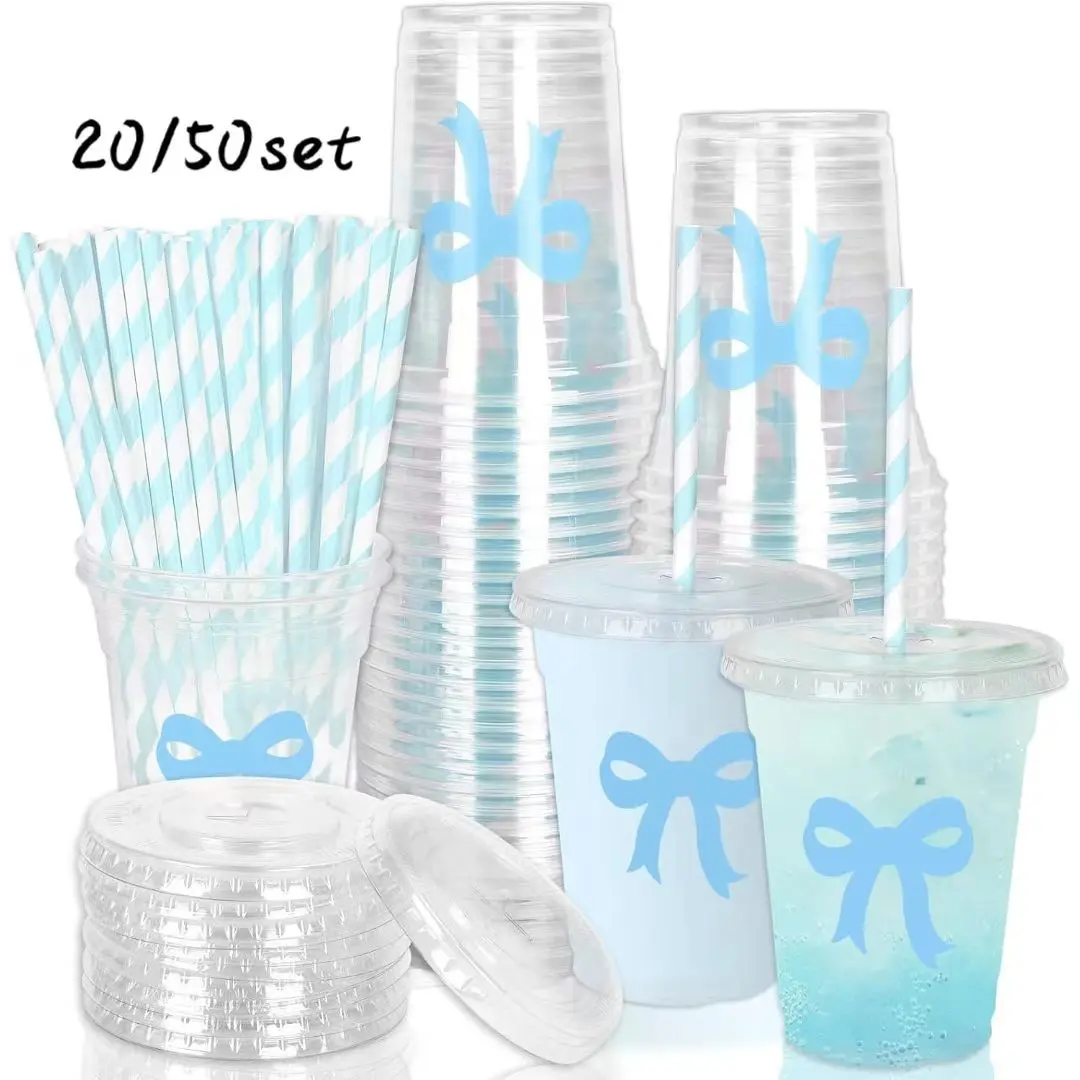 Blue Bowknot Transparent Plastic Cups, 12oz Disposable Clear Plastic Party Cups, Bulk Drinking Cups for Cold Drinks, Baby Shower, Wedding, Birthday, Valentine's Day